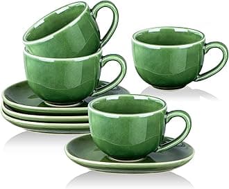 vicrays 6.5 oz Cappuccino Cups with Saucers, Set of 4, Ceramic Coffee Cup for Au Lait, Double shot, Latte, Cafe Mocha, Tea (Green)