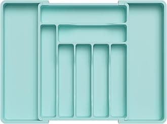Lifewit Extendable Cutlery Drawer Organiser, Adjustable Cutlery Tray, Utensil Holder for Forks, Spoons, Knives, Plastic Kitchen Organiser and Storage, 9 Compartment, 33-57 x 38cm, Turquoise