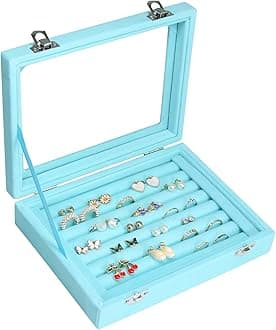 Vicoter Rings Organizer Tray 7 Slots Velvet Jewelry Earring Storage Box with Transparent lid Jewelry Display Case for Girls Wife Mom Women (Light Blue)