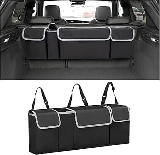 AUCELI Car Trunk Organizer, Backseat Hanging Large Storage with Adjustable Straps, Waterproof Collapsible Cargo Bag with 4 Pockets, Sturdy Space Saver Frees Trunk Floor for SUV, Truck, MPV