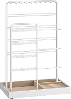 SONGMICS Jewellery Stand, Jewellery Organiser, Jewellery Display Stand, Metal Frame, Velvet Tray, Earring Bracelet Necklace Holder, for Studs, Rings, Gift Idea, Matte White JJS028W01