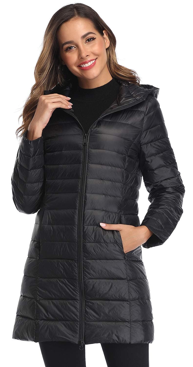 Women's Winter Packable Down Jacket Plus Size Ultralight Long Down Outerwear Puffer Jacket Hooded Coat