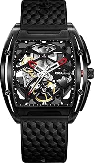 CIGA Design Z Series Automatic Mechanical Watch, Luxury Skeleton Wristwatch Tonneau with Silicone Strap Stainless Steel Business Dress Waterproof Timepiece Gifts for Men and Women