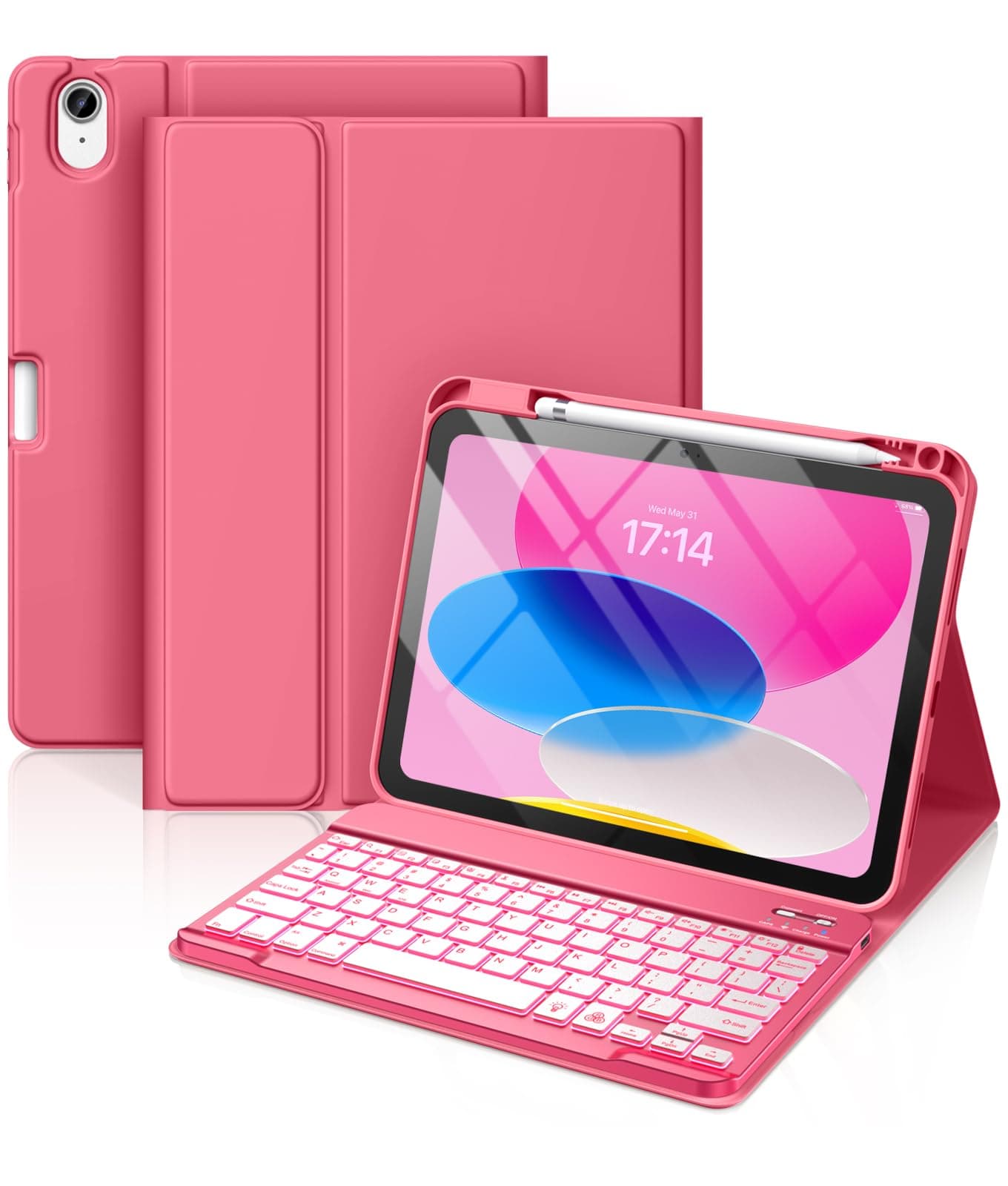 Hamile - iPad 10th Generation Case with Keyboard 10.9 inch, 7 Colors Backlit Wireless Detachable Case with Pencil Holder for iPad 10th Generation 2022 (Pink)