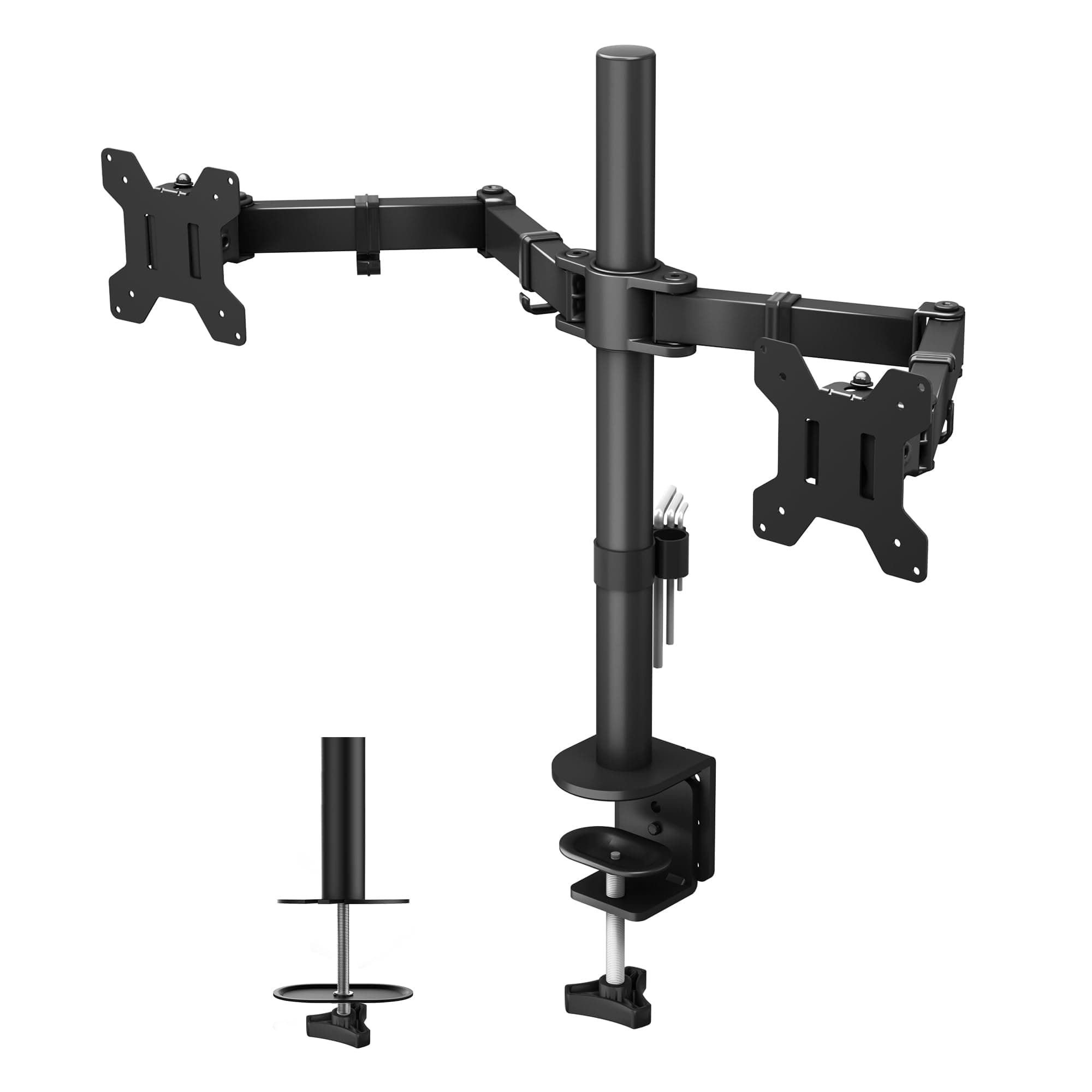 Dual Monitor Arm Desk Mount for 13–27 Inch Computer Screens, VESA 75x75/100x100, Full Motion Adjustable Monitor Arm with 360° Rotation, Height Adjustable up to 430mm, Max 10kg per Arm, Black