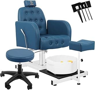 Reclining Pedicure Chair No Plumbing with Foot Massage Basin & Stool, Hydraulic Adjustable Pedicure Chair Station, 360° Rotation Beauty Spa Salon Unit Station - Blue
