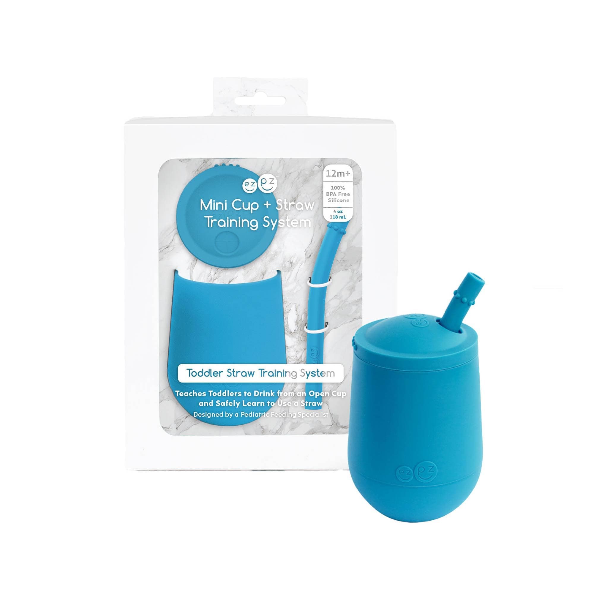 ezpz Mini Cup + Straw Training System (Blue) - 9 Months+ - 100% Silicone Training Cup for Infants + Toddlers - Designed by a Pediatric Feeding Specialist