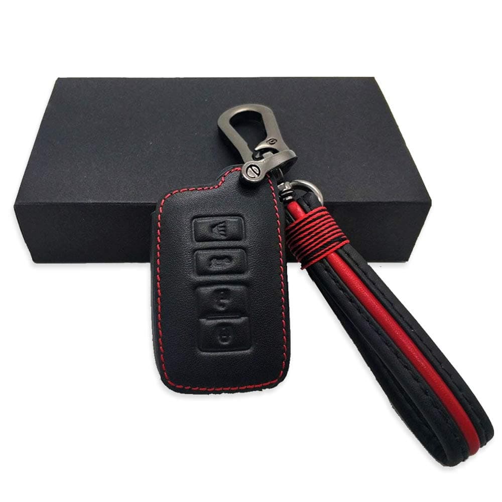 Genuine Leather Keyless Entry Remote Control Smart Key Case Cover with Leather Key Chain for Toyota Corolla, Camry, Avalon, Rav 4, Highlander (4 Buttons, Black)