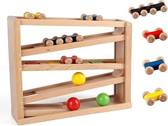 Qilay Wooden Race Track Car Ramp Racer Toy for Toddlers, 5 Level Race Car Ramp Toy Set Includes 4 Wood Cars and 3 Balls,Perfect Building Learning Toys Gift for 3+ Years Old Boy and Girl
