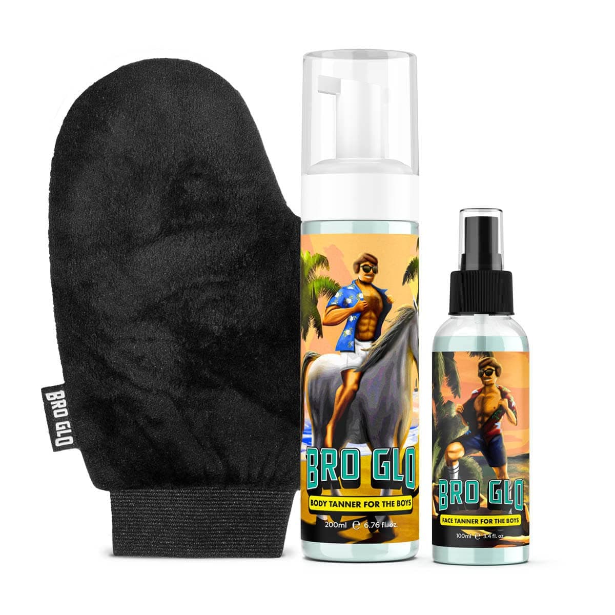 Bro Glo Self Tanner for The Boys - Starter Bundle - Easy Sunless Tan For Your Face & Body With Mitt Applicator - Oil Free Water Based for Faster Skin Drying - Natural Sun Kissed Bronze Color Perfect
