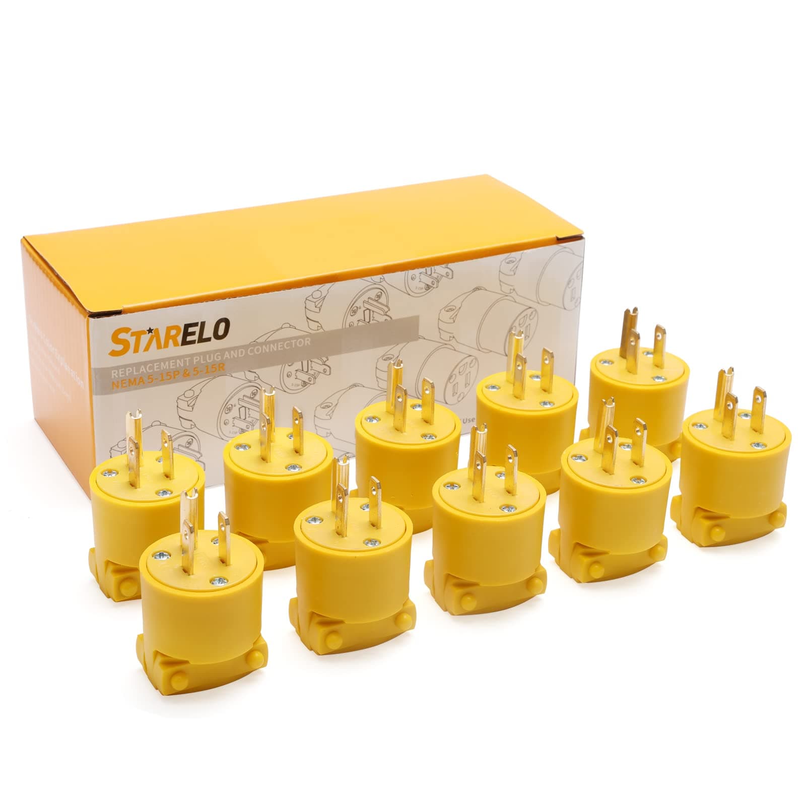 STARELO 10PCS Electrical Replacement Plug Extension Cord Ends Yellow Shell 125V 15A 2Pole 3Wire NEMA 5-15P 3-Prong Straight Blade Grounding Type (Male).