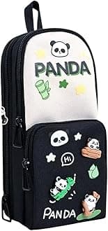 Parshya Canvas Kawaii Pencil Case 3 Compartment Cute Pencil Case for Girls Large Capacity Pen Pencil Pouch Smooth Zipper Multifunctional Stationery Organizer for School Office (HT BW Panda), Black
