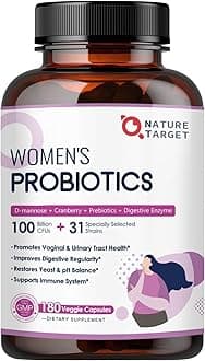 NATURE TARGET Probiotics for Women, 100 Billion CFUs Probiotic with Digestive Enzymes & Prebiotics, Vaginal Probiotics with Cranberry for Urinary Tract Health, pH Balance, 180 Veggie Capsules