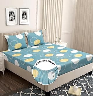 BSB HOME Premium 100% Microfiber Striped Elastic Fitted Bedsheets with 1 King Size Pillow Covers | Double|Queen Bed with All Around Elastic 180 TC Supersoft | Size-78 X 72+10 Grey & White Polkadot