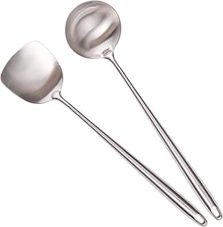 17” Wok Spatula and Ladle - 304 Stainless Steel Wok Tools Set, 2-Pieces Extra Long Handle Cooking Tools, All Metal Wok Utensils and Wok Accessories for Cast Iron/Carbon Steel Wok