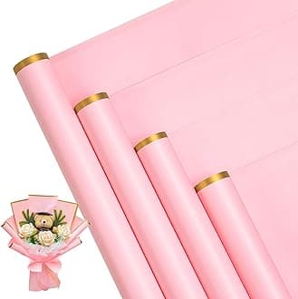 RUSPEPA 20 Sheets Flower Wrapping Paper - 57x57cm Gold Edge Waterproof Floral Bouquet Packing Paper - Florist Supplies Packaging for Birthday, Wedding and DIY Crafts - Pink