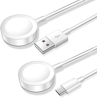 2 Pack,Magnetic Charging Cable for Apple Watch Charger,[USB C & USB A] Wireless Charger Coaxial Cables Compatible with iWatch Series Ultra2/Ultra/8/7/6/SE/SE2/5/4/3/2[3.3FT/1M],White