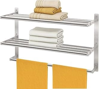 Bathroom Towel Racks with Towel Bar, Bethom 3-Tier Towel Shelf for Bathroom, 24 Inch Hotel Wall Mounted Towel Holder, Metal Brushed Nickel Lavatory Bathroom Towel Rails, Waterproof and Rustproof