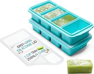 XOMOO Silicone Freezer Tray With Lid - Soup Freezer Container molds - Large Ice Cube Tray- makes 8 perfect 1 cup portions cubes, 2-Pack Freezer Storage Food Soups & Meal Prep - Oven & Dishwasher -Safe