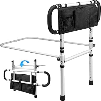 EasyVibeBed Rails for Elderly Adults, Adjustable Height & Extendable Bed Assist Rail, Folding Bed Grab Rail with Large Storage Pocket for Seniors, Heavy Duty Adult Bed Guard, 450LBS Capacity