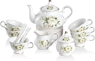 Porcelain Tea Set Vintage Floral, British Relief Gold Rim Teapot Cup and Saucer Sets, 22-Piece Tea Sets for Adults, with Teapot, Sugar Bowl, Milk Jug, Spoons, Cup and Saucer (Camellia)