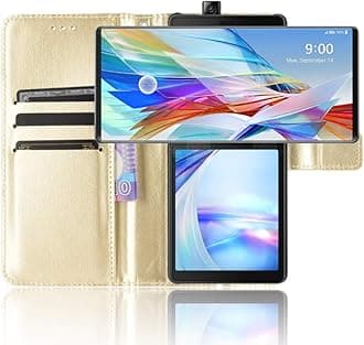for LG Wing Case,Premium PU Leather Card Slots Magnetic Kickstand Flip Hand Strap Wallet Cases for LG Wing 5G -Gold