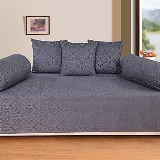 Premium Velvet Diwan Set - Bedsheet, 2pc Bolster Cover with Dori and 3pc Cushion Covers Large Set of 6 Pieces Grey