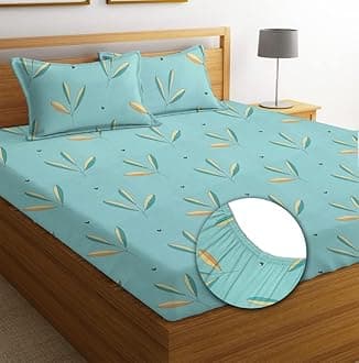 BSB HOME Premium 100% Microfiber Elastic Fitted Bedsheets with 2 Pillow Covers | Double Bed with All Around Elastic 180 TC Supersoft | for 78x72+10 Mattress (Floral, Pastel Green)