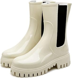 HsttgsrRain Boots for Women, Waterproof PVC Rubber Boots Womens Garden Boots, Mid-Calf Anti-Slip Raining Shoes, Elastic Slip On Garden Fishing Rain Shoes for Yard Farm Outdoor Work