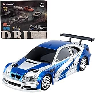 RC Sport Racing Drift Car, 1/43 Scale 2.4G 15KM/H Full Proportional RC Electric Mini Racing Drift Car Model with Lights Kit and Drift Tires (Blue White Gyroscope RTR Version)