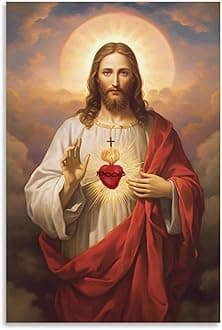 FireDeer Christian Canvas Wall Art God Jesus Poster Catholic Christian Lord Painting Religious Bible Picture Church Decor Bedroom Decoration (16x24inch-Unframe,01-Sacred Heart)