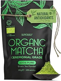 SuperSelf Organic Matcha Powder - Ceremonial Grade & 100% Pure - Smooth Taste & Vibrant Green - Macha for Straight Tea, Lattes, Baking - Certified Organic - Japanese Stone Ground Method - Large 120g