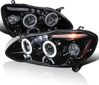 Halo LED Smoke Lens Glossy Black Housing Projector Headlights Compatible with 2003-2008 Toyota Corolla, Left + Right Pair Headlamps Assembly