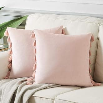 Fancy Homi Pack of 2 Blush Pink Decorative Throw Pillow Covers 22x22 Inch with Handmade Tassels, Soft Velvet Solid Square Cushion Case Set for Couch Sofa Bed Living Room 55x55 cm