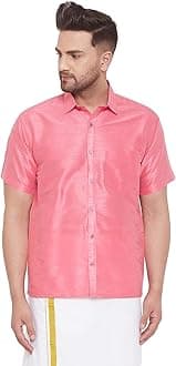 VASTRAMAY Men's Silk Blend Ethnic Shirt - Half Sleeves, South Indian Traditional Shirt for Weddings, Festivals, & Casual Wear