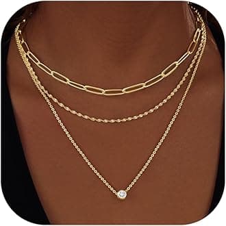 Layered Gold Necklaces for Women Dainty 14K Gold Plated Stack Trendy Shiny Diamond Pendant Choker Necklace Simple Paperclip Chain Jewelry Set Gifts for Women