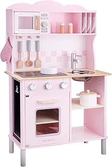 New Classic Toys Wooden Pretend Toy Kitchen for Kids Role Play Included Accessoires Pink Colored - Makes Sound