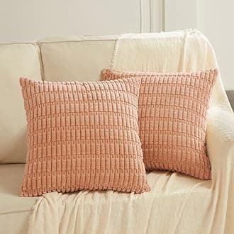 Fancy Homi 2 Packs Peach Farmhouse Decorative Throw Pillow Covers 18x18 Inch for Living Room Couch Bed Sofa, Rustic Boho Home Decor, Soft Striped Corduroy Square Cushion Case 45x45 cm