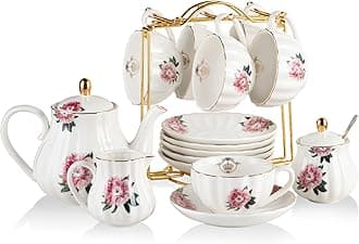 Sweejar Porcelain Tea Sets British Royal Series, 8 OZ Cups & Saucer Service for 6, with Teapot Sugar Bowl Cream Pitcher Teaspoons and Tea Strainer, Suitable for High Tea, Wedding, Party