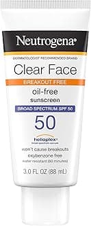 Clear Face Liquid Lotion Sunscreen for Acne-Prone Skin, Broad Spectrum SPF 50 UVA/UVB Protection, Fragrance & Oxybenzone Free Facial, Non-Comedogenic, Unscented, 3 Fl Oz