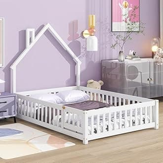 Full Size Montessori Floor Bed for Toddlers 1-3, Wooden Kids Floor Bed Frame with Fence & Gate Door for Girls Boys, House-Shaped Headboard, Without Slats, White