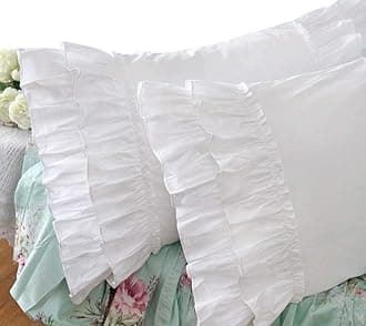 QSH White Ruffle Pillow Shams Cotton Shabby Pillowcases Feminine Pillow Cover Standard Size Set of 2