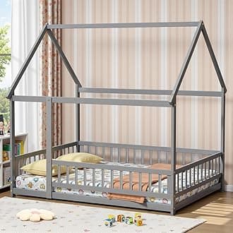 LLS Full Size Floor Bed Frame with Roof, Wooden Montessori Bed with Fence, House Bed for Boys Girls Bedroom, Gray