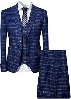 Cloudstyle Mens 3 Piece Slim fit Checked Suit Blue/Black Single Breasted Vintage Suits