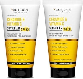 Dr. Sheth's Ceramide & Vitamin C Sunscreen | In-Vivo Tested | Protects, Moisturizes & Brightens Skin | SPF 50+ PA++++ | Lightweight, Leaves No White Cast | 50 g x 2