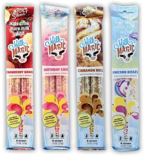 Milk Flavoring Straws, 4-Pack Bundle (16 Milk Straws) Unicorn Kisses, Strawberry Banana, Birthday Cake, Cinnamon Roll Cereal Straws