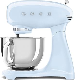 Smeg SMF03PBUK, 50’S Retro Style Stand Mixer With 10 Variable Speeds, 4.8 L Stainless Steel Bowl, Safety Lock When Mixing, Includes Wire Whisk, Flat Beater, Dough Hook, Pastel Blue, 1 Year Warranty