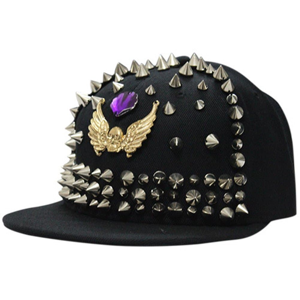 Black Hedgehog Stripe Rivet Stud Spike Spiky Skull Wing Snapback Cap
