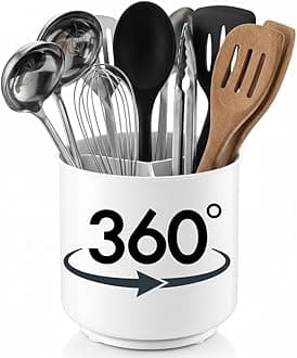 Cooler Kitchen Extra Large and Sturdy White Rotating Utensil Holder with No-Tip Weighted Base, Removable Divider, and Gripped Insert | Rust Proof and Dishwasher Safe Utensils Holder and Cutlery Holder