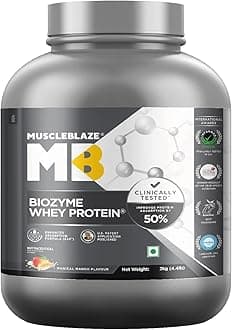 MuscleBlaze Biozyme Whey Protein, Blend Of Whey Isolate & Concentrate|25 G Protein, 11.8 G Eaa & 5.5 G Bcaa Per Scoop (Magical Mango, 2 Kg)